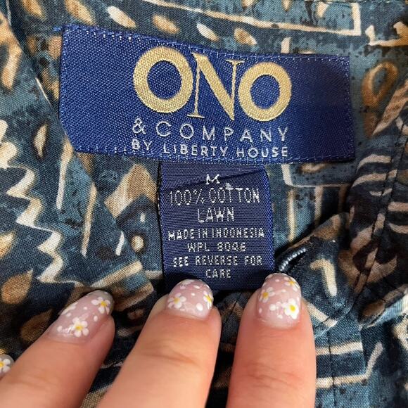 ONO Medium Hawaiian Button Up‎ Shirt Blue M Palm Cotton - Picture 3 of 3